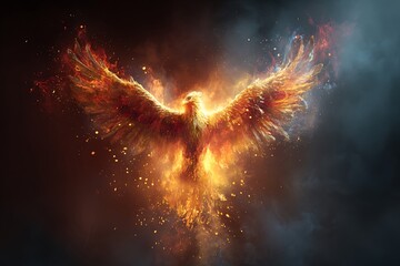 Stunning fiery phoenix majestically rising from ashes with glowing wings and embers creating an awe-inspiring spectacle of rebirth and power