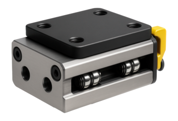 Compact sliding carriage with integrated ball bearings for smooth operation in an automated assembly line.