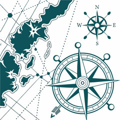 Teal nautical map with compass rose and directional arrows on white background navigation travel