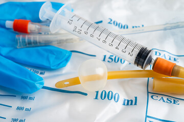 Foley catheter and urine drainage bag collect urine for disability or patient in hospital.