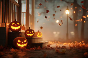 Spooky Halloween night with carved pumpkins glowing on a front porch, foggy atmosphere and falling autumn leaves.