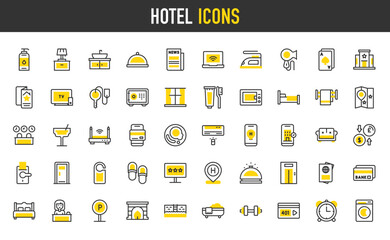 Hotel vector icons. Alarm Clock, Single Bed, Room Door, Double Bed, Reception Desk, TV, Washing Machine, Flyer, Booking, Passport, Sink, Bathtub, Credit Card, Room illustration.	
