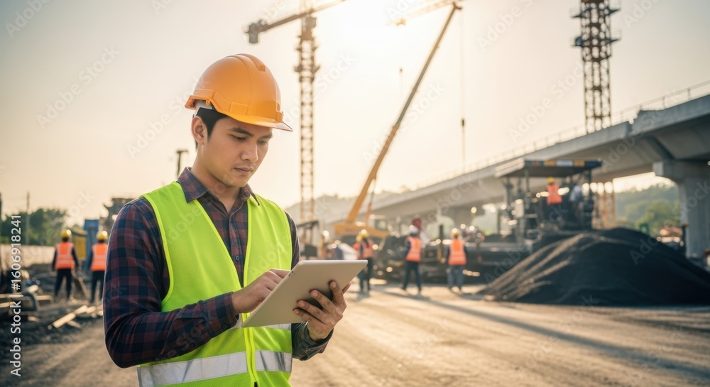 Poster construction site manager using tablet computer to track engineering milestones on road project.