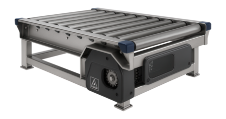 Powered roller conveyor with a chain drive and robust frame for a palletizing area