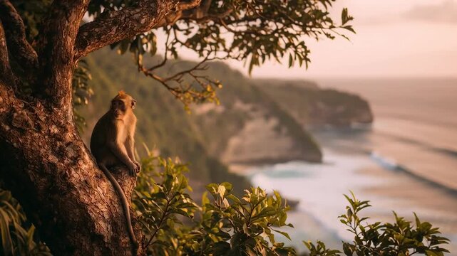  monkey sits on a tree at sunset