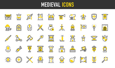 Medieval vector icons. Windmill, Tower, Well, Cart, Sorcerer, Gate, Goblet, Fleur De Lis, Helmet, Potion, Gemstone, Crown, Heraldic Flag, Queen, Coin, Spears illustration.   © Picvault