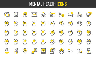Mental health vector icons. Peace Of Mind, Exhaustion, Critical Thinking, Curious, Loneliness, Inner Dialogue, Time, Bipolar, Purpose, Optimism, Inspiration illustration.	
