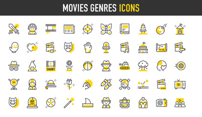 Movies genres vector icons. Action Movie, Short, Romance, Magical, Animation, Adventure, Historical, Shark, Thriller, Musical, Psychological, Drama illustration.	
