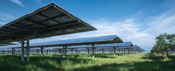 Obraz premium vibrant photo of large solar farm with rows of photovoltaic panels, bathed in sunlight and surrounded by green grass under the clear blue sky. [Photo taken in.