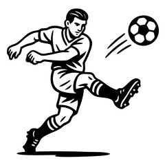 Naklejka premium Soccer Player in Action Kicking Football – Dynamic Black and White Vector