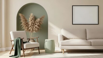 A serene living room features a comfortable beige sofa and armchair, adorned with a tall vase of pampas grass and a green stool, bathed in warm sunlight streaming through an arched alcove
