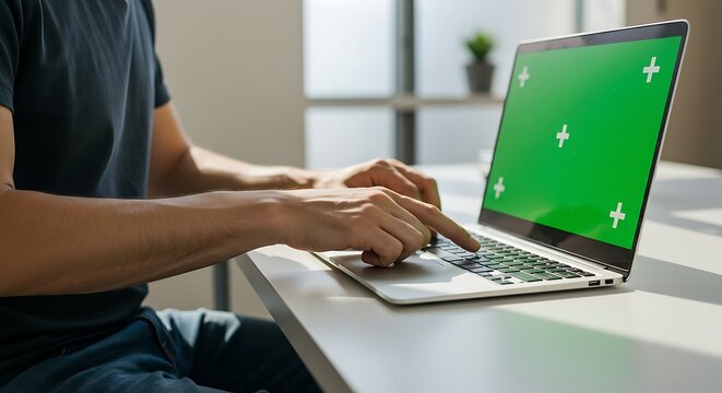 Man working on laptop with green screen, typing on keyboard, focused on task.