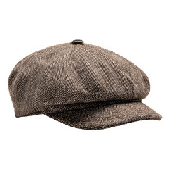 A taupe-colored newsboy cap, herringbone weave
