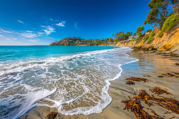 Seaside Serenity: Waves on the Beach with Cliffs and Blue Skies