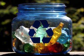 Recycle: Glass bottles collected inside a blue jar with a recycling symbol overlayed.