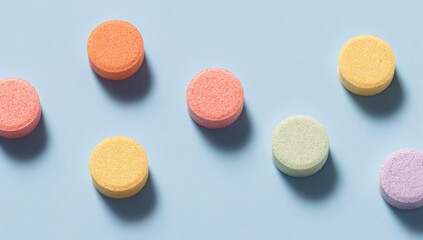 Obraz premium Colorful round candies arranged on a pastel background.