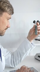 Senior male scientific researcher wearing white lab coat, analyzing blue liquid sample with tablet...