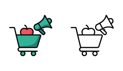 Shopping Cart with Apple and Megaphone Icons Promoting Fresh Food and Healthy Choices