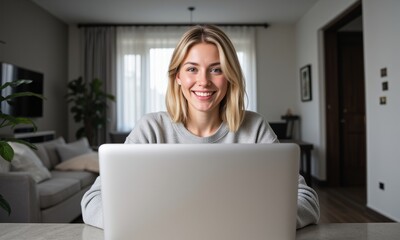 Smiling blonde woman in a grey sweater working on a laptop in a modern living room setting