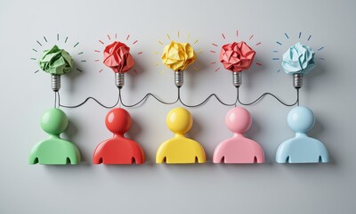 Five colorful crumpled paper lightbulbs illuminated above connected diverse stylized human figures