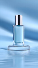 A cosmetic bottle with blue liquid stands on a glass podium over rippling water, creating a cool, hydrating feel for skincare advertising.
