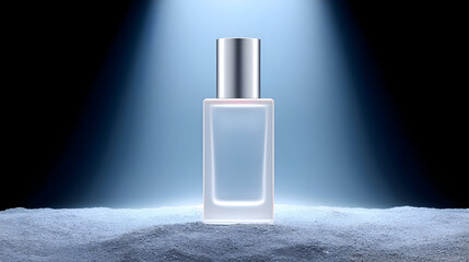 A frosted glass bottle under a spotlight on a sandy surface creates a dramatic and mysterious mood, perfect for a luxury fragrance launch.