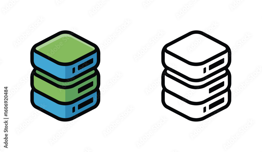 Poster two styles of database server icon stack with isometric design and outline version