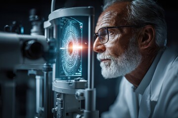 A man sitting at a desk and looking at a computer screen with a fingerprint sensor. He appears to be engaged with the technology in front of him.
