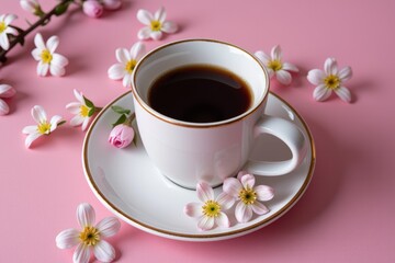 White cup of black coffee with delicate pink and white flowers on a pastel pink background