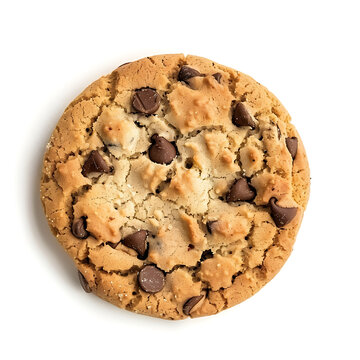 A single chocolate chip cookie with a golden-brown texture, isolated on a white background.