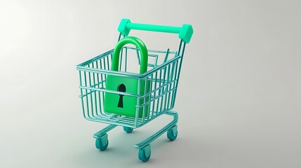 Fototapeta premium Shopping cart with green padlock symbolizing secure purchase