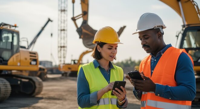 Construction team leaders consulting onsite using mobile technology amidst heavy machinery.