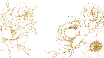 Elegant Gold Peony Floral Border Design with Leaves on a White Background