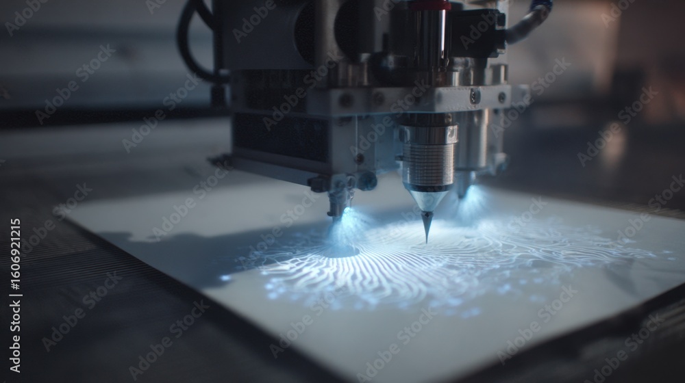 Poster automated machinery uses ultrasonic mist deposition to create intricate patterns on a material, show