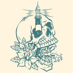 Skull with lighthouse and floral design artwork