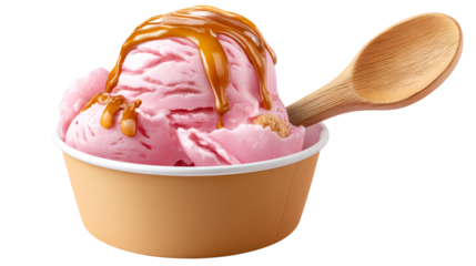Delicious pink ice cream with caramel drizzle in a bowl