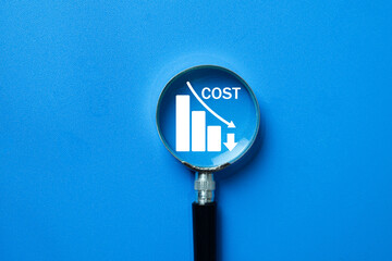 Financial analysis,business management strategy concept.,Magnifying glass focusing on a cost reduction graph with a downward arrow on blue background idea for business,finance,marketing.
