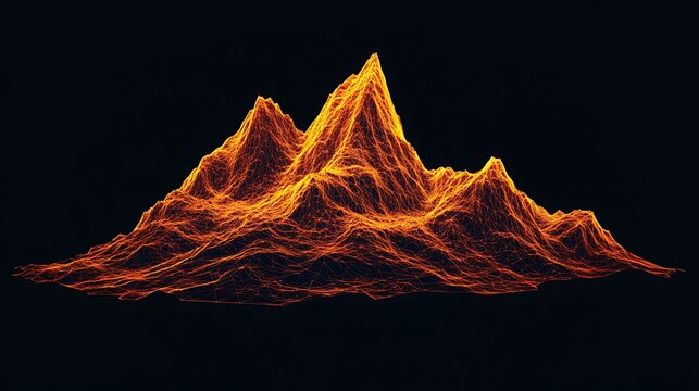 Abstract glowing mountain wireframe on black background
