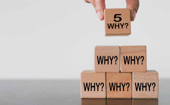 Hand building a pyramid of wooden blocks with the 5 Whys method icon over white background with copyspace idea for root cause analysis (RCA),5 Why problem-solving,Kaizen and continuous improvement.