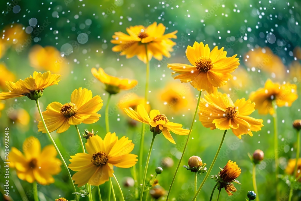 Poster a field of bright yellow cosmos flowers in full bloom with soft bokeh and sunlight filtering through