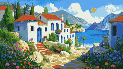 Coastal Bloom a coastal town scene, featuring vibrant isolated watercolor vector illustration svg