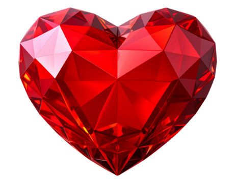 3D Faceted Red Heart Floating Above Dark Textured Surface with Soft Shadow, Side Perspective, Transparent Background