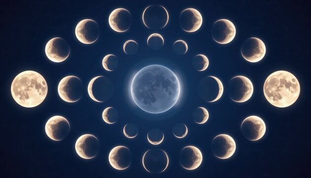 lunar loop design formed by overlapping moon phases in symmetrical layout against deep indigo sky with ethereal glow