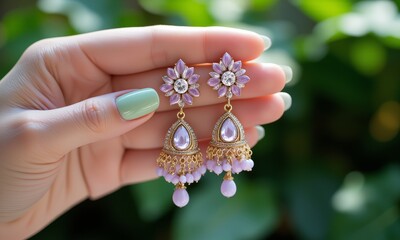 Delicate floral gold earrings with lavender stone drops held by a hand with pale green nails