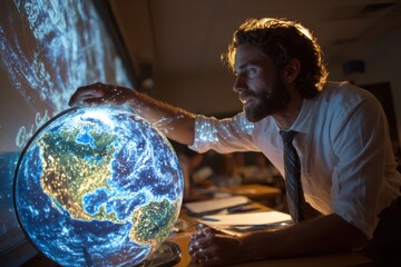 A man, possibly a geography teacher, holding and rotating a globe with interest and focus.