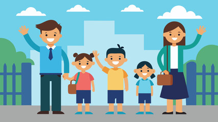 parents waving goodbye to happy kids at school gate