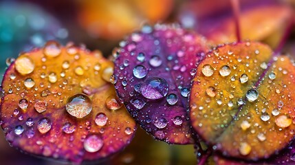 dew drops shining on vibrant colorful leaves close up natural fresh morning light