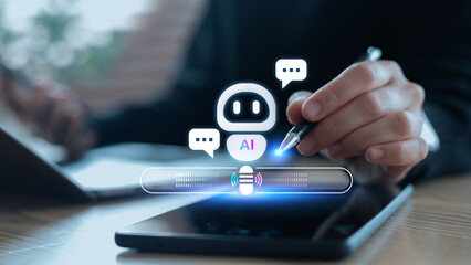 Hand using a stylus on a tablet with an AI chatbot, speech bubbles, and a voice assistant interface, representing virtual assistant, automation, and smart technology.