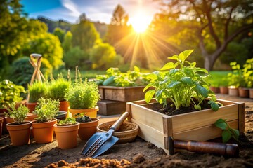 A sundrenched garden scene shows various potted plants and herbs with a wooden crate and gardening tools in the foreground bathed in warm golden hour sunlight