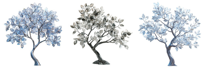 Crystal Formation Trees with Faceted Branches and Translucent Leaves in High Detail Isolated on Transparent Background